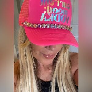 HOT Pink Custom Trucker Hat 💖 Current Mood Vodka 💖 Blingly Rhinestone Chain